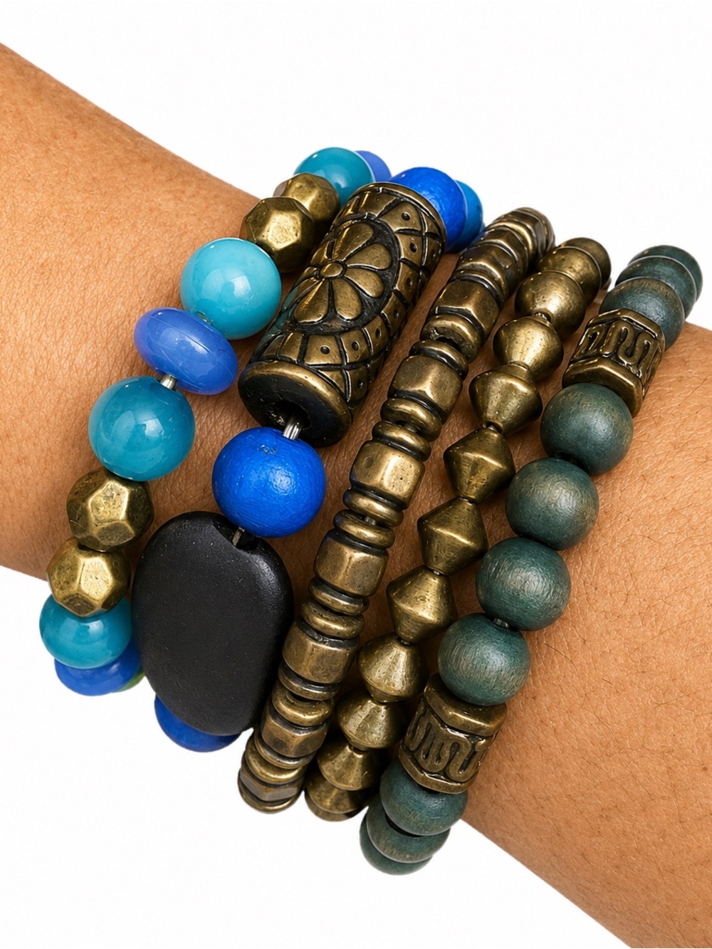 Boho Beaded Bracelet Set | Blue Black Brushed Gold | Stackable 5 Piece